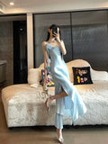 Niulatu Sheath Spaghetti Straps Light Sky Blue Flower Long Prom Dresses Birthday Outfits SD511