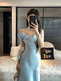 Niulatu Sheath Spaghetti Straps Light Sky Blue Flower Long Prom Dresses Birthday Outfits SD511