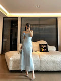 Niulatu Sheath Spaghetti Straps Light Sky Blue Flower Long Prom Dresses Birthday Outfits SD511
