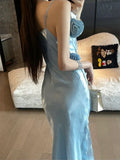 Niulatu Sheath Spaghetti Straps Light Sky Blue Flower Long Prom Dresses Birthday Outfits SD511
