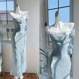 Niulatu Sheath Spaghetti Straps Light Sky Blue Flower Long Prom Dresses Birthday Outfits SD511