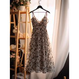 Niulatu A Line Spaghetti Straps Black Flower Ankle length Birthday Dresses Birthday Outfits SD514