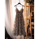 Niulatu A Line Spaghetti Straps Black Flower Ankle length Birthday Dresses Birthday Outfits SD514
