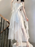 Niulatu A line Spaghetti Straps Chiffon White Ankle length Birthday Dresses Birthday Outfits SD516