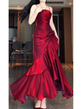 Niulatu Mermaid Spaghetti Straps Red Ankle length Prom Dresses Birthday Outfits SD521