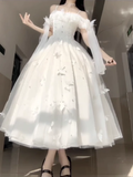 Niulatu Ball Gown Spaghetti Straps Ankle length White Prom Dresses Birthday Outfits With Lace SD525