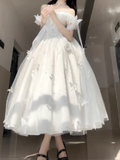 Niulatu Ball Gown Spaghetti Straps Ankle length White Prom Dresses Birthday Outfits With Lace SD525