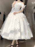 Niulatu Ball Gown Spaghetti Straps Ankle length White Prom Dresses Birthday Outfits With Lace SD525