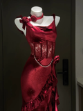 Niulatu Mermaid Spaghetti Straps Burgundy Lace Prom Dresses Birthday Outfits SD527