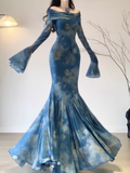 Niulatu Mermaid Off The Shoulder Floral Blue Long Sleeves Party Dresses Birthday Outfits SD529