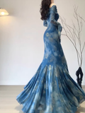 Niulatu Mermaid Off The Shoulder Floral Blue Long Sleeves Party Dresses Birthday Outfits SD529