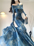 Niulatu Mermaid Off The Shoulder Floral Blue Long Sleeves Party Dresses Birthday Outfits SD529