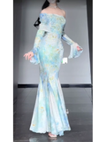 Niulatu Mermaid Off The Shoulder Floral Long Sleeves Party Dresses Birthday Outfits SD530