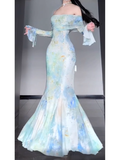 Niulatu Mermaid Off The Shoulder Floral Long Sleeves Party Dresses Birthday Outfits SD530