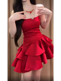 Niulatu A Line Strapless Short Red Cocktail Dresses Birthday Outfits SD535