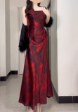 Niulatu Sheath Spaghetti Straps Ankle length Burgundy Floral Satin Prom Dresses Birthday Outfits SD536