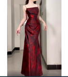 Niulatu Sheath Spaghetti Straps Ankle length Burgundy Floral Satin Prom Dresses Birthday Outfits SD536