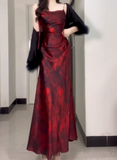 Niulatu Sheath Spaghetti Straps Ankle length Burgundy Floral Satin Prom Dresses Birthday Outfits SD536