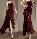 Niulatu Mermaid Spaghetti Straps Burgundy Prom Dresses Birthday Outfits With Flower SD538