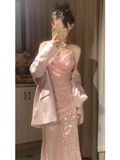 Niulatu Mermaid Spaghetti Straps Pink Sequin Ankle length Prom Dresses Birthday Outfits SD537