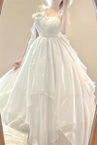 Niulatu A Line Spaghetti Straps White Chiffon Ankle length Prom Dresses Birthday Outfits SD540