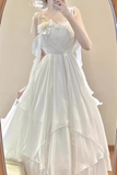 Niulatu A Line Spaghetti Straps White Chiffon Ankle length Prom Dresses Birthday Outfits SD540