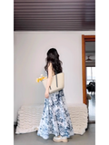 Niulatu Retro A Line V Neckline Floral Blue Ankle length Prom Dresses Birthday Outfits SD545