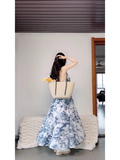 Niulatu Retro A Line V Neckline Floral Blue Ankle length Prom Dresses Birthday Outfits SD545