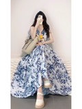 Niulatu Retro A Line V Neckline Floral Blue Ankle length Prom Dresses Birthday Outfits SD545