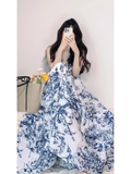 Niulatu Retro A Line V Neckline Floral Blue Ankle length Prom Dresses Birthday Outfits SD545