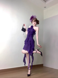 Niulatu Retro A Line Halter Grape Floral Chiffon Prom Dresses Birthday Outfits SD548