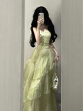 Niulatu Retro Sheath Spaghetti Straps Sage Green Ruffles Party Beach Dresses Birthday Outfits SD556