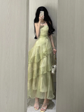 Niulatu Retro Sheath Spaghetti Straps Sage Green Ruffles Party Beach Dresses Birthday Outfits SD556