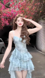 Niulatu Sheath Spaghetti Straps Light Blue Ruffles Party Beach Dresses Birthday Outfits SD557