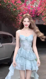 Niulatu Sheath Spaghetti Straps Light Blue Ruffles Party Beach Dresses Birthday Outfits SD557