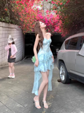 Niulatu Sheath Spaghetti Straps Light Blue Ruffles Party Beach Dresses Birthday Outfits SD557