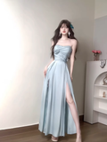 Niulatu A line Strapless Blue Slit Long Party Prom Dresses Birthday Outfits SD562
