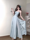 Niulatu A line Strapless Blue Slit Long Party Prom Dresses Birthday Outfits SD562