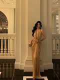 Niulatu Mermaid Halter Gold Long Ruffles Prom Dresses Birthday Dress SD571