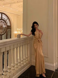 Niulatu Mermaid Halter Gold Long Ruffles Prom Dresses Birthday Dress SD571