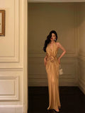 Niulatu Mermaid Halter Gold Long Ruffles Prom Dresses Birthday Dress SD571