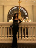 Niulatu Sheath Spaghetti Straps Black Lace Long Prom Dresses Birthday Outfits With Gloves SD585