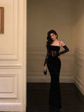 Niulatu Sheath Spaghetti Straps Black Lace Long Prom Dresses Birthday Outfits With Gloves SD585