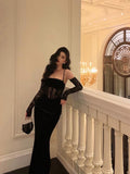 Niulatu Sheath Spaghetti Straps Black Lace Long Prom Dresses Birthday Outfits With Gloves SD585