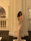 Niulatu Sheath Spaghetti Straps Lace Long Prom Dresses Birthday Outfits With Gloves SD586