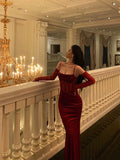 Niulatu Sheath Spaghetti Straps Lace Red Velvet Long Prom Dresses Birthday Outfits With Gloves SD587