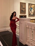 Niulatu Sheath Spaghetti Straps Lace Red Velvet Long Prom Dresses Birthday Outfits With Gloves SD587