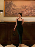 Niulatu Sheath Halter Velvet Green Knee Length Prom Dresses Birthday Outfits SD588