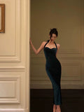 Niulatu Sheath Halter Velvet Green Knee Length Prom Dresses Birthday Outfits SD588