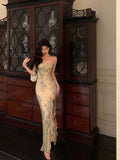 Niulatu Sheath Strapless Floral Slit Long Prom Dresses Birthday Outfits SD592
